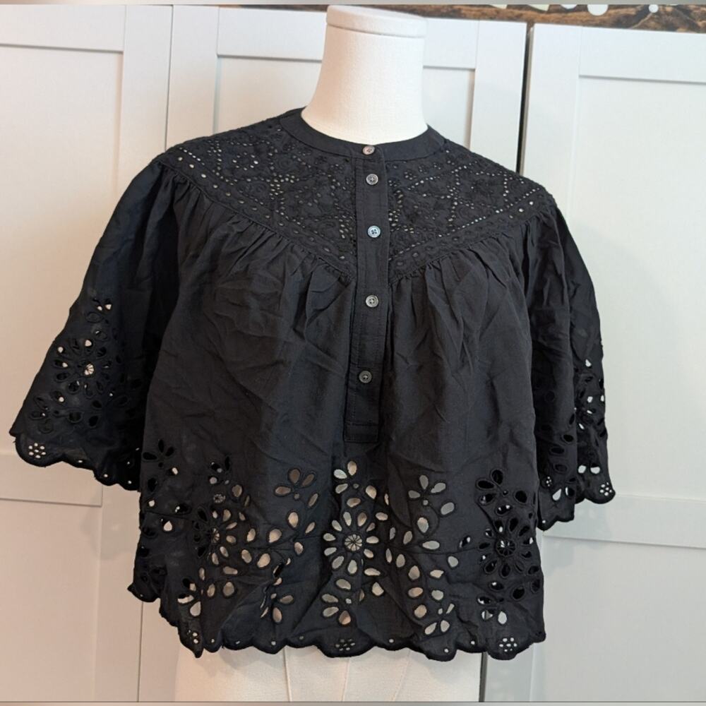 NWT Madewell Embroidered Shirred Henley Top XS Black - Picture 2 of 10